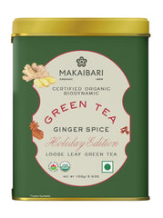 Makaibari Holiday Edition - Ginger Spice Loose Leaf Green Tea - 100gm Tin Caddy, 3.5 Ounce | USDA Certified Premium Tea - Low Caffeine Green Tea | Anti-Oxidants, Immunity Booster