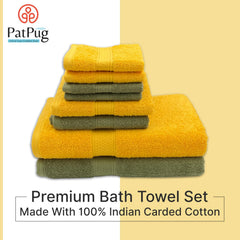 Patpug 100% Indian Cotton Plush Towel Set 2000 Gsm | Highly Absorbent, Fade Resistant, Quick Drying 2 Bath, 2 Hand & 4 Face Towel (Sunrise Yellow & Olive Green) - 8 Piece