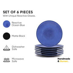Quarter Plates Set Of 6, Blue Reactive Luxury Series | Stoneware Snacks Plates Set Of 6 | Dessert Plates - Snack Plates | Small Plates With Glossy Finish - Microwave Safe & Dishwasher Safe