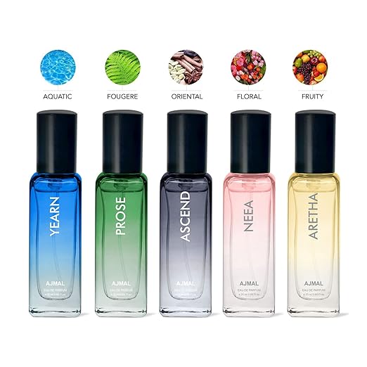 Ajmal Yearn, Prose, Ascend, Neea & Aretha Discovery Eau De Parfum 20ml 0.6 Fl.oz. Each Set Of 5  | For Men & Women Ajmal Yearn, Prose, Ascend, Neea & Aretha Discovery Eau De Parfum 20ml 0.6 Fl.oz. Each Set Of 5  | For Men & Women