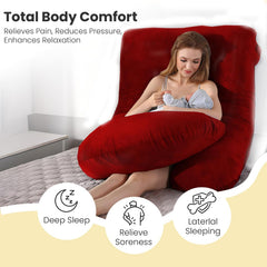 J Shape Full Body Pillow, Pregnancy Pillows For Sleeping, Maroon Color | Maternity Pillows For Back, Hips, Legs, Belly | For Pregnant Women With Removable, Washable Maroon Velvet Cover
