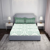 100% Cotton Bedsheet For Double Bed With 2 Pillow Cover - 88 X 100 Inches, Green & White | Breathable & Super Soft | All Seasons & Easy To Wash