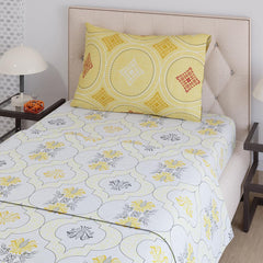Single Bedsheet With One Pillow Covers Size - 59 X 87 Inches, White & Yellow | Light Weight & Durable Bedsheet Set - Wrinkle Resistant Beautifully Designed Collection