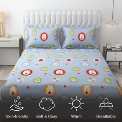 Wrinkle Free Soft Kids Double Bedsheets For King Size With 2 Pillow Cover | 90 X 95 Inches, Grey | Cartoon Printed Design | Child Bedroom Decor