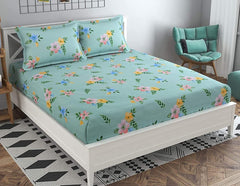 Elastic Fitted Printed King Size Double Bedsheet With 2 Pillow Cover | 72 X 78 X 6 Inches, Green | 100% Pure Super Soft Glace Cotton With 210 Thread Count
