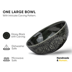 Ceramic Carving Large Serving Bowls Set Of 1 Pc - 1200ml, Black Carving | Premium Ceramic Bowls - Large Size | Microwave Safe Bowls - Bowl Sets With Glossy Finish | Ceramic Bowl