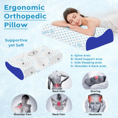 Cervical Pillow For Neck & Shoulder Pain Relief, Cooling Memory Foam Pillow, Blue & White | Contour Neck Orthopedic Pillow For Spinal Alignment Ergonomic Pillow, Removable Cover - Set Of 4