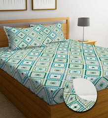 Premium Cotton Elastic Fitted Bedsheets With 2 King Size Pillow Covers - 72 X 78 + 10 Inches, Green & Blue | Super Soft Brushed Glace | Breathable & Wrinkle Free