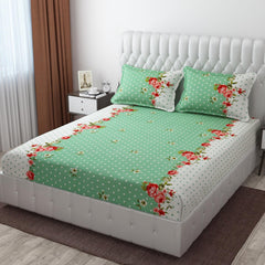 Heavy Cotton Elastic Fitted Bedsheet For King Size With 2 Matching Pillow Covers - 72 X 78 X 10 Inch, Green & White | Super Soft Breathable & Wrinkle Free