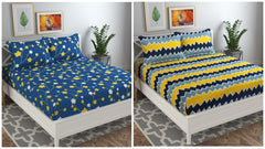 Combo Pack Of 2 Double Bedsheet With 4 Pillow Covers | 90 X 90 Inches, Yellow & Blue - 180 Thread Count Soft Brushed Cotton-Blend Long Lasting & Wrinkle Free