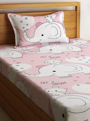 Single Bedsheet With One Matching Pillow Cover - 55 X 90 Inches, Baby Pink | Microfiber Kids Elephant & Kitty Bedsheet | Normal Hand Wash Or Machine Wash
