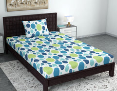 Single Bedsheet With 1 Pillow Cover - 57 X 87 Inches, White & Blue | Designer Printed Bedsheet Set - Naturally Soft, Breathable & Skin Friendly