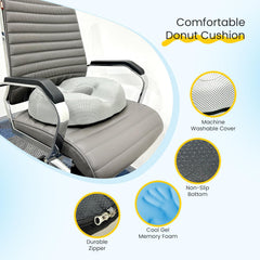 Donut Pillow For Tailbone Pain, Gel Memory Foam Pillow, Coccyx Seat Cushion, Grey | Coccyx Seat Cushion For Chair - Hemorrhoid & Piles Pillow, Car Seat, For Head, Back, Neck Use