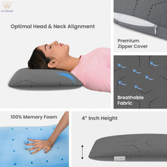 Cooling Gel Memory Foam Pillow For Neck & Shoulder Pain, Thin Size - 4 Inch | Orthopedic Pillow For Sleeping, Washable Grey Pillow Cover | Lightweight, Adjustable - Pack Of 2