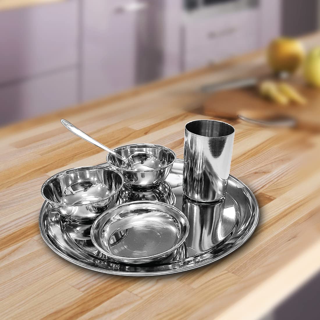 Stainless Steel Shagun Solid Dinner Set Of 6 Pcs, Silver | 1 Dinner Plate+ 1 Dinner Spoon+ 1 Glass+ 1 Bidding Bowl+ 1 Pudding Bowl+ 1 Halwa Plate Stainless Steel Shagun Solid Dinner Set Of 6 Pcs, Silver | 1 Dinner Plate+ 1 Dinner Spoon+ 1 Glass+ 1 Bidding Bowl+ 1 Pudding Bowl+ 1 Halwa Plate