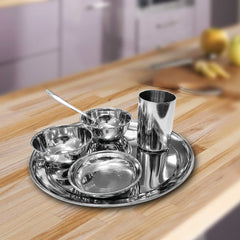 Stainless Steel Shagun Solid Dinner Set Of 6 Pcs, Silver | 1 Dinner Plate+ 1 Dinner Spoon+ 1 Glass+ 1 Bidding Bowl+ 1 Pudding Bowl+ 1 Halwa Plate