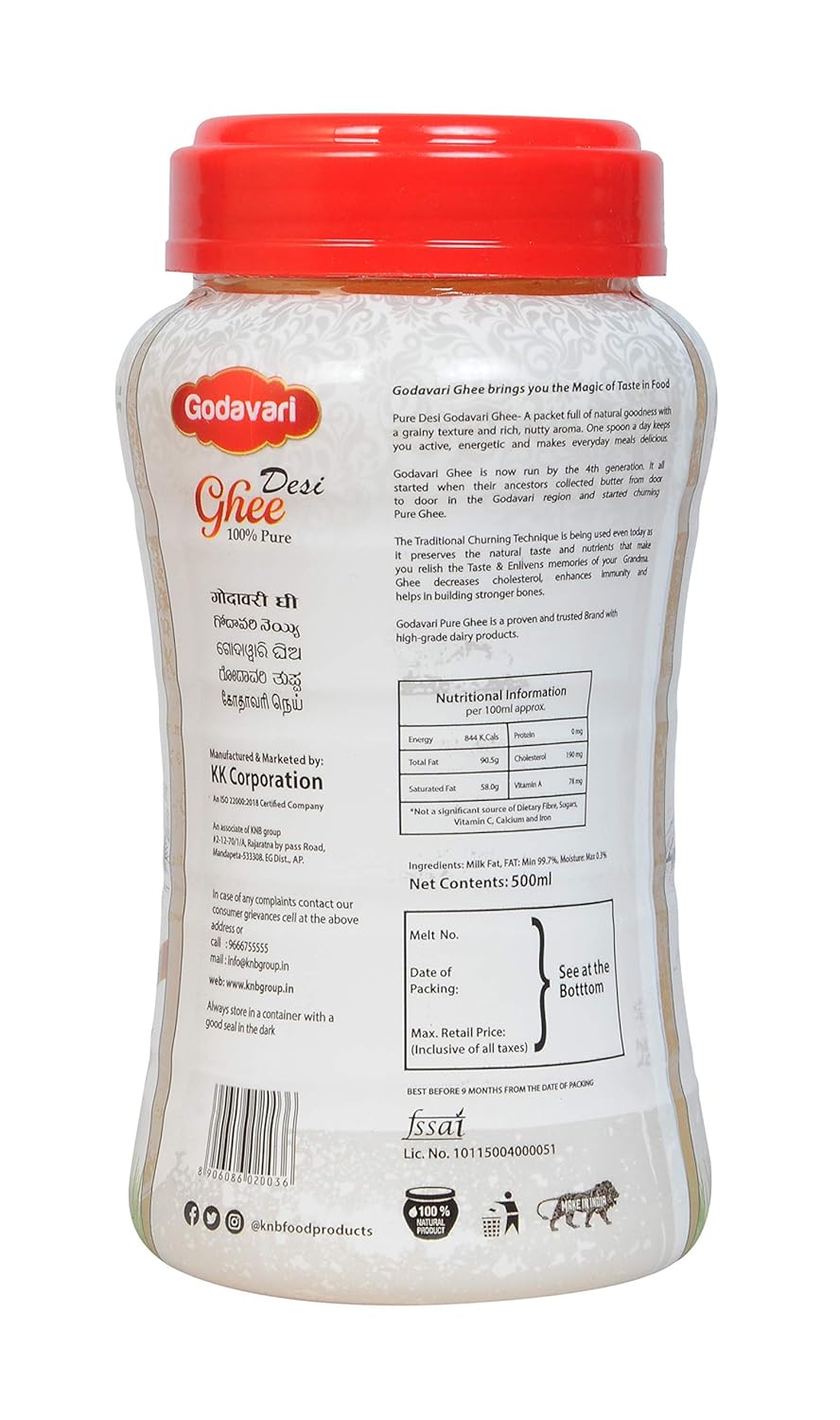 Natural Organic Desi Ghee By Godavari | High In Protein Fiber Healthy Desi Ghee Good For Boost Energy | (500ml) 16.9 Ounce | Plastic Bottle