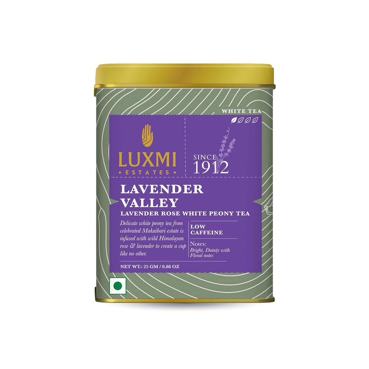Luxmi Estates Lavender Valley Rose White Peony Tea Bags - 25gm Tin, 0.8 Ounce | USDA Certified Organic White Tea - Low Caffeine Tea For Good Sleep | Rich In Antioxidants, Gluten Free