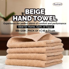 Rushant 100% Combed Cotton Hand Towels 600 Gsm | Ultra Soft, Quick Dry & Super Absorbent For Home, Gym & Travel (Beige) - Set Of 4