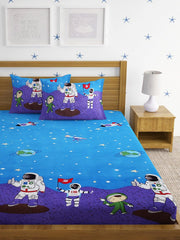 Elastic Fitted Kids Space Double Bedsheet 2 King Size Pillow Covers, Blue (90x92 Inches) | Lightweight, Soft & Breathable - Perfect For Gifting Bedsheet