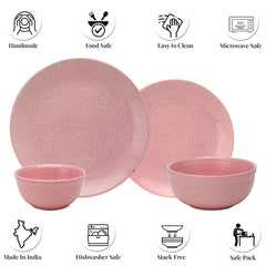 Handcrafted Ceramic Stoneware Dinner Set Of 14 Pieces With Serving Bowl Set - Pastel Pink | 4 Dinner Plates + 4 Small Plates + 4 Dinner Bowl, 180ml Each+ 2 Serving Bowl, 1000ml Each - Microwave Safe