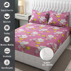 King Size Bedsheet With Two Pillow Cover (Size - 78 X 72 Inches, Pink & White) | Elastic Fitted Floral Bedsheet | Best For Festival Gifting