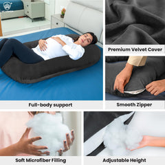 Full Body J Shape Pregnancy Pillow For Women, Maternity Pillow, Dark Grey | Pillow Gift For Pregnancy Sleeping, Premium Velvet Cover With Zip | Adjustable & Washable, Multipurpose Pillow