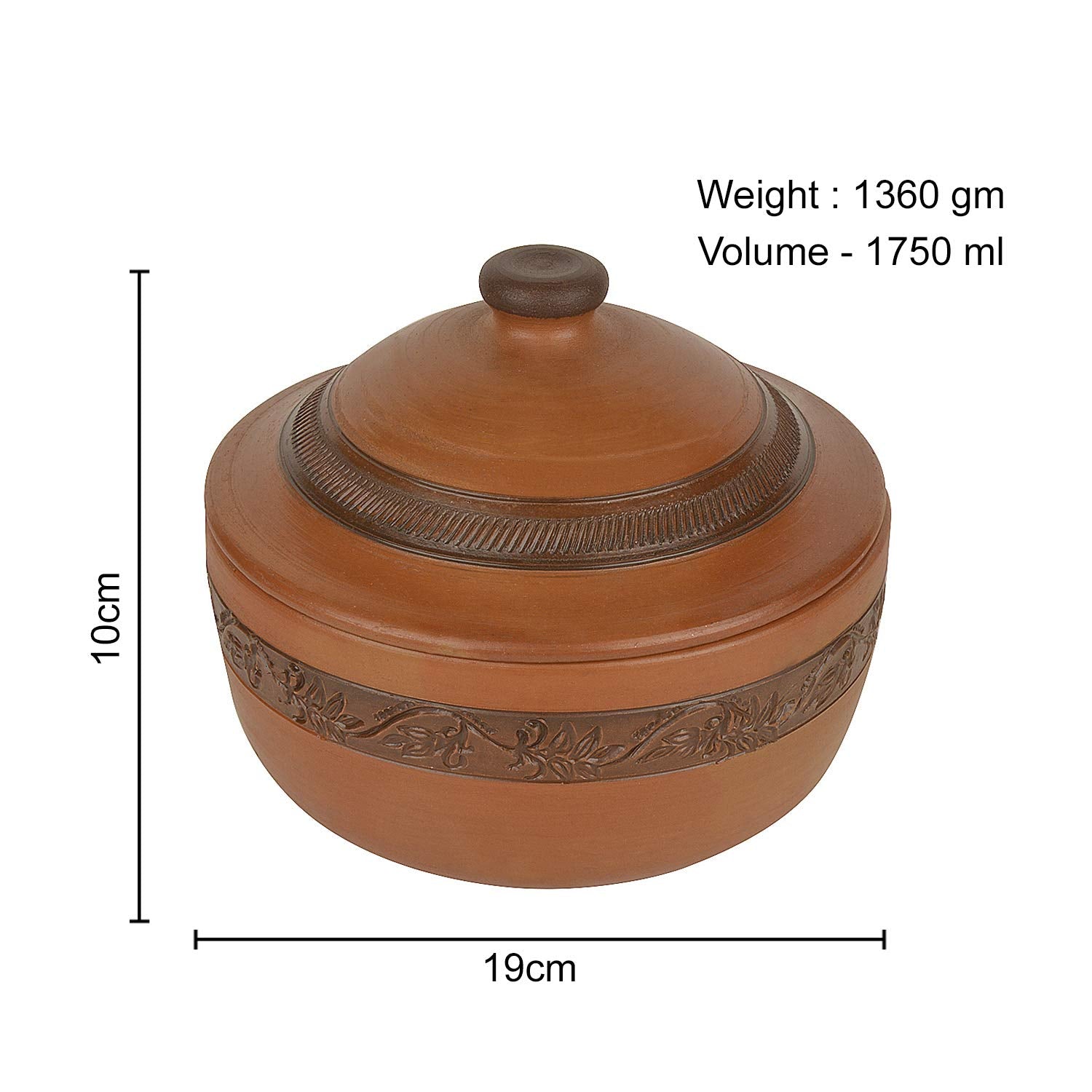 Handcrafted Ornately Designed Earthenware Bowl With Lid - Brown, 1.8 Liters | Clay Casserole With Lid - Cooking & Serving Pot Handcrafted Ornately Designed Earthenware Bowl With Lid - Brown, 1.8 Liters | Clay Casserole With Lid - Cooking & Serving Pot