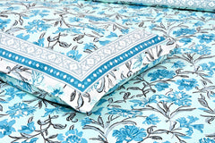 Hand Printed Cotton Bedsheet For King Size With 2 Pillow Covers | 90 X 108 Inches, White & Aqua | Ultra-Soft & Skin-Safe | Breathable Summer Comfort