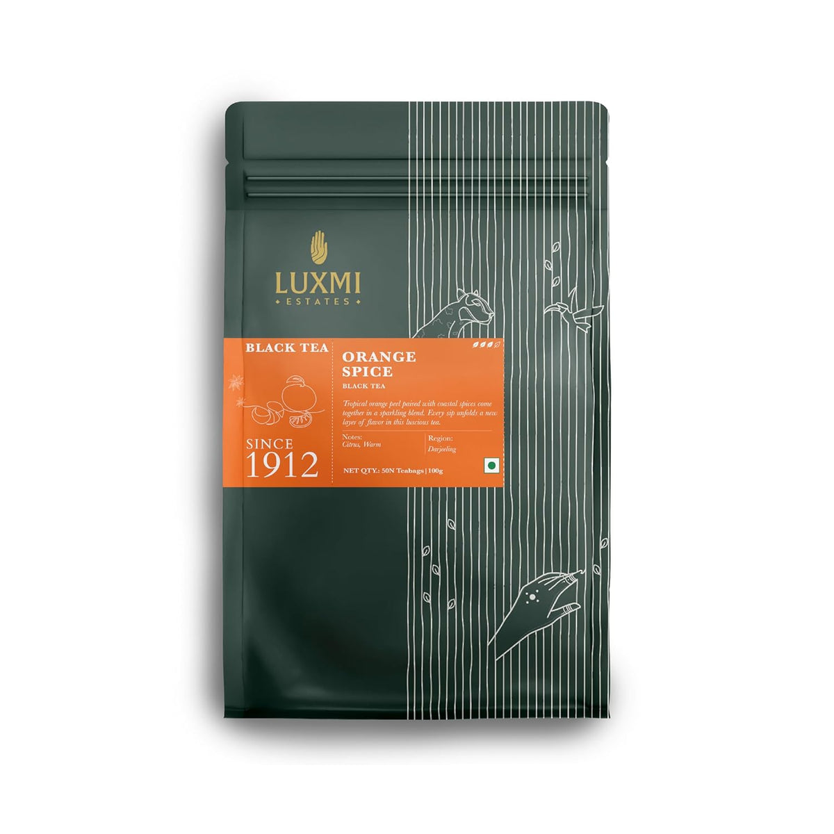 Luxmi Estates Orange Spice Black Tea - 100gm, 3.5 Ounce, 50 Tea Bags | USDA Certified Organic Tea - Medium Caffeine Black Tea | Rich In Antioxidants, Additives Free
