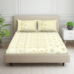 Double Bedsheet With 2 Pillow Covers (Size 88 X 100 Inch) Cream | Breathable Pure Cotton Queen Size Bedsheet | Floral Design Bedsheet