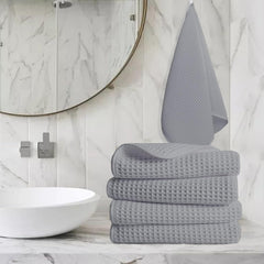 Enchant Home Pure Cotton Waffle Towel 500 Gsm | Lightweight Anti-Microbial & Water Absorbent Soft Touch Quick Drying Hand Towels | Silver (Pack Of 4)