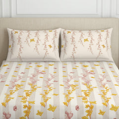 Double Bedsheet With 2 Pillow Covers (Size 88 X 100 Inch) Cream & White | Breathable Pure Cotton Queen Size Bedsheet | Floral Design Bedsheet