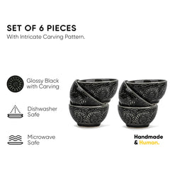 Ceramic Carving Veg Bowls Set Of 6 For Dinner - 160ml Each, Black Carving | Katori Set - Ceramic Bowls With Glossy Finish | Dessert Bowl Set - Ice Cream Bowls