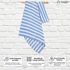 Homadorn 100% Cotton Striped Fouta Bath Towels 350 Gsm | Soft Quick Dry & Absorbent Hand-Knotted Tassels | Turkish Hamam Towel (Blue- White)