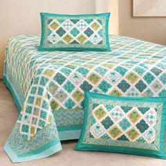 Pure Cotton Double Bedsheet For King Size With 2 Pillow Covers | 90 X 108 Inches, Sea Green & White | Ultra-Soft & Skin-Safe | Breathable Summer Comfort