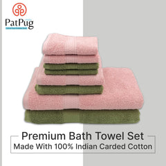 Patpug 100% Indian Cotton Plush Towel Set 2000 Gsm | Highly Absorbent, Fade Resistant, Quick Drying 2 Bath, 2 Hand & 4 Face Towel (Olive Green & Baby Pink) - 8 Piece
