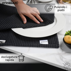Encasa Xo Kitchen Dish Towels Set 320 Gsm | Waffle Weave & Flat Hand Tea Towel | Quick Drying Reusable Cotton Washcloths | Set Of 4 (Grey Black)