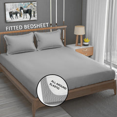 Cotton Elastic Fitted King Size Double Bed Bedsheet With 2 Pillow Covers - 72x78x6 Inches, Silver | Durable Bedsheets For Everyday Comfort