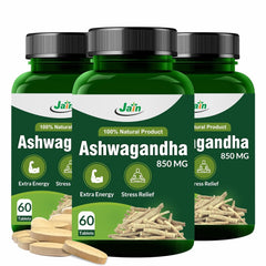 Jain Ashwagandha Tablets, 850mg Extra Energy, Stress Relief, Improves Sleep, Reduces Sugar, 100% Natural | 60 Capsules 100gm 0.2lbs Each Pack Of 3