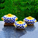 Hand Painted Large Ceramic Serving Donga Set With Lid & Handle Set Of 3 - Blue & Yellow, 1200ml, 1000ml & 800ml | Casserole Set - Dinner Serving Bowls With Lid