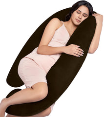 Full Body J Shape Pregnancy Pillow For Women, Maternity Pillow, Brown Color | Pillow Gift For Pregnancy Sleeping, Premium Velvet Cover With Zip | Adjustable & Washable Pillow