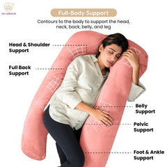 Full Body U Shape Pregnancy Pillow For Women, Maternity Pillow, Peach Color | Abdomen, Hip, Spine, Neck & Head Support Cushion For Pregnant Women | Premium Velvet Outer Cover With Zip