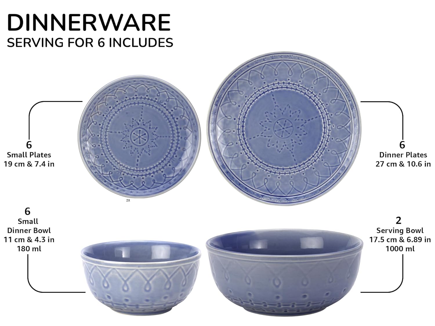 Handcrafted Stoneware Embossed Ceramic Dinner Set Of 20 Pcs With Serving Bowl Set - Mist Blue | 6 Dinner Plates+ 6 Small Plates+ 6 Small Dinner Bowls, 180ml Each+ 2 Serving Bowl, 1000ml Each Handcrafted Stoneware Embossed Ceramic Dinner Set Of 20 Pcs With Serving Bowl Set - Mist Blue | 6 Dinner Plates+ 6 Small Plates+ 6 Small Dinner Bowls, 180ml Each+ 2 Serving Bowl, 1000ml Each