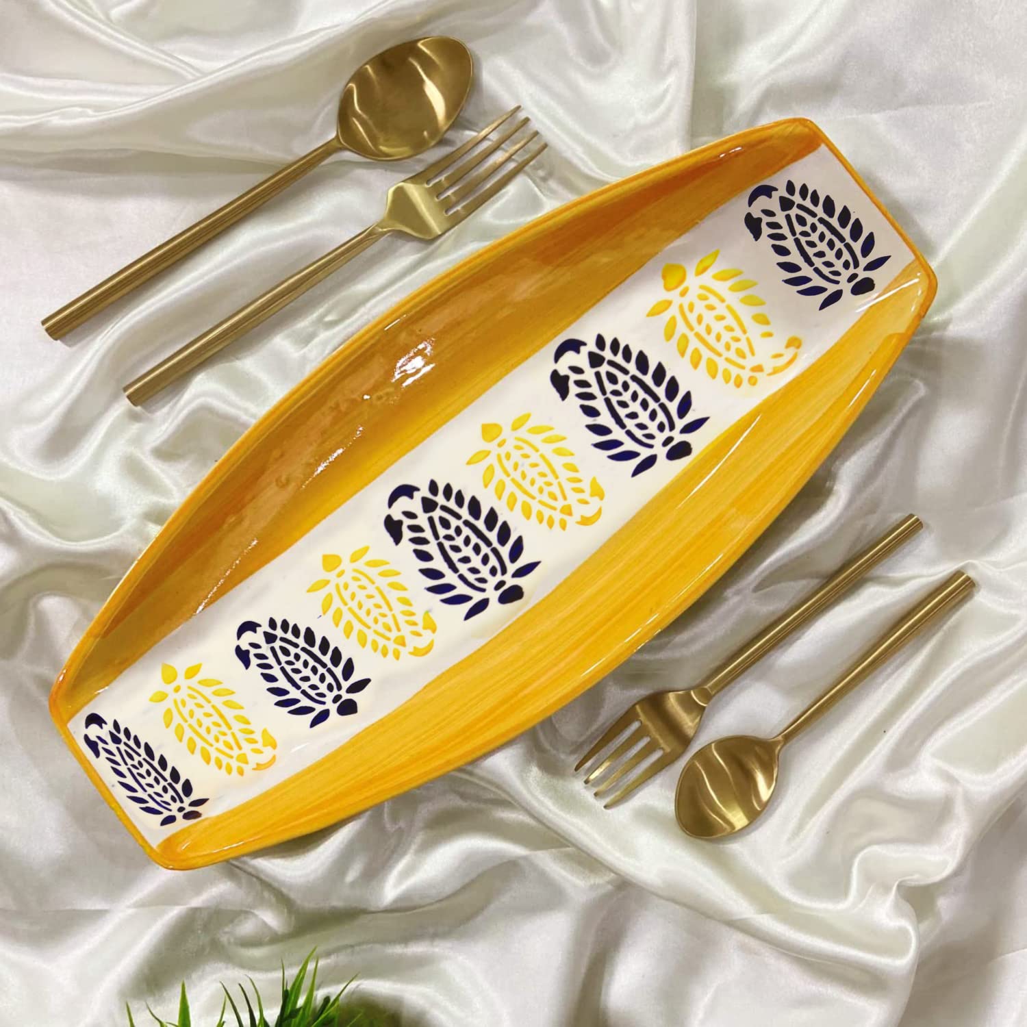 Hand Painted Ceramic Serving Platter - Orange & Black, L X B – 38 Cm X 16 Cm | Starter Serving Platter - Kebab Platter Hand Painted Ceramic Serving Platter - Orange & Black, L X B – 38 Cm X 16 Cm | Starter Serving Platter - Kebab Platter