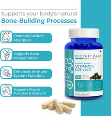 Biovitalia Organics Plant Based Vitamin D3 + K2 Capsules For Men & Women, Dietary Supplement | Supports Immune System & Bone Health | 60 Vegan Capsules , 100gm 0.2lbs
