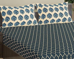 Jaipuri Design Cotton King Size Printed Bedsheet With 2 Pillow Covers - 108 X 108 Inches, Cream & Deep Sea Blue | Ideal For Home Use & Perfect For Gifting On Weddings, Housewarmings & Festivals