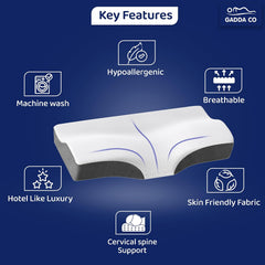 Orthopedic Memory Foam Pillow, Cervical Butterfly Pillow - 18.5x10.5x3.5 Inch | For Neck & Shoulder, Head Pain Relief, Butterfly Design | Jacquard Cover, Better Sleep, White & Grey