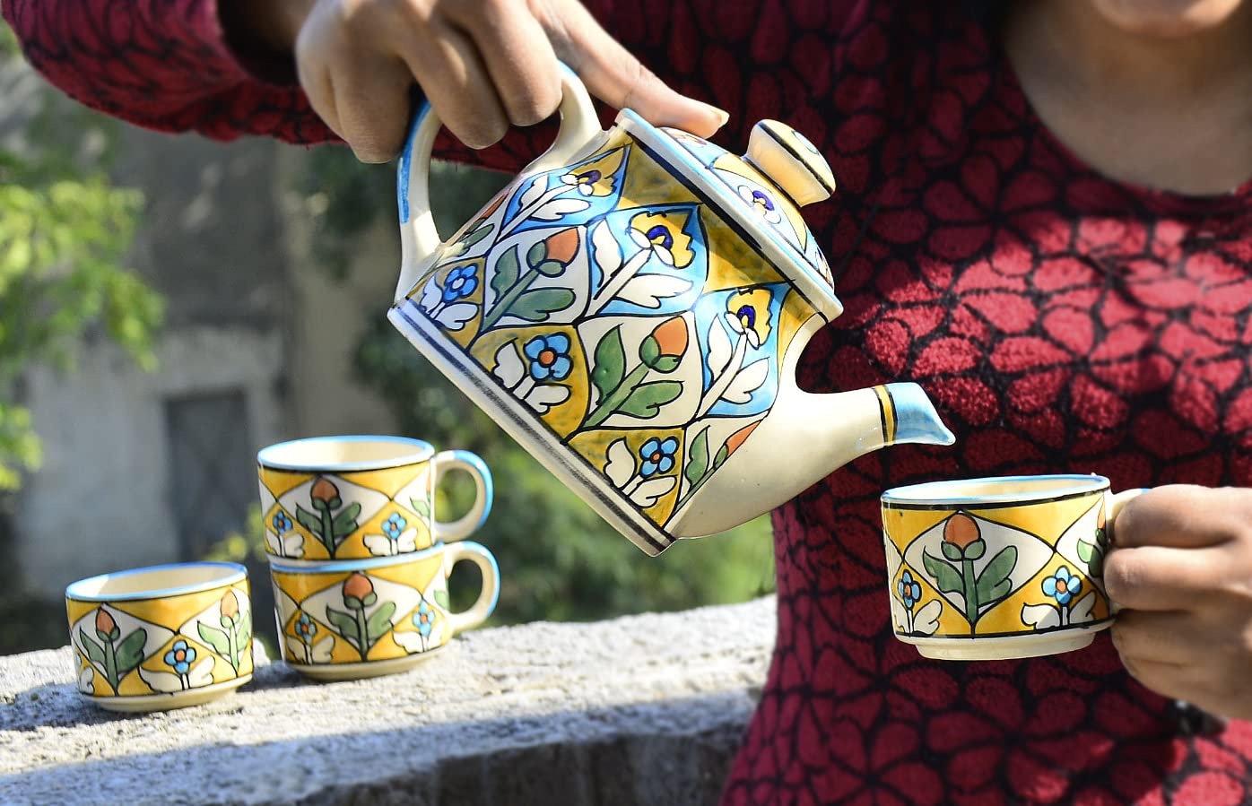 Hand Painted Ceramic Tea Set - 1 Kettle + 4 Cups, Multicolor | Coffee Mugs With Kettle - Tea Cups With Kettle Hand Painted Ceramic Tea Set - 1 Kettle + 4 Cups, Multicolor | Coffee Mugs With Kettle - Tea Cups With Kettle
