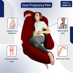 Pregnancy Pillows For Sleeping, J-Shape, Full Body Pillow & Maternity Support, Maroon | For Back, Hips, Legs, Belly | For Pregnant Women With Removable, Washable Velvet Cover, Soft Pillow